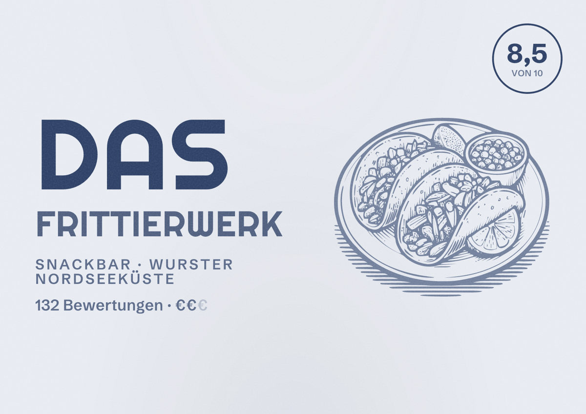 Illustriertes Poster von Das Frittierwerk, Snackbar in Wurster Nordseeküste: Bewertung 8,5 von 10 aus 132 Bewertungen, Preisniveau €€