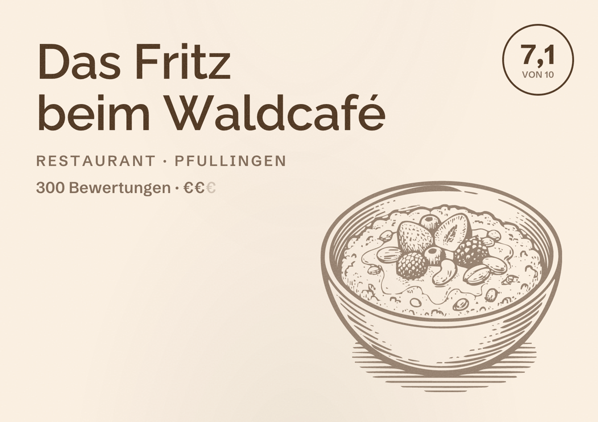Illustriertes Poster von Das Fritz beim Waldcafé, Restaurant in Pfullingen: Bewertung 7,1 von 10 aus 300 Bewertungen, Preisniveau €€