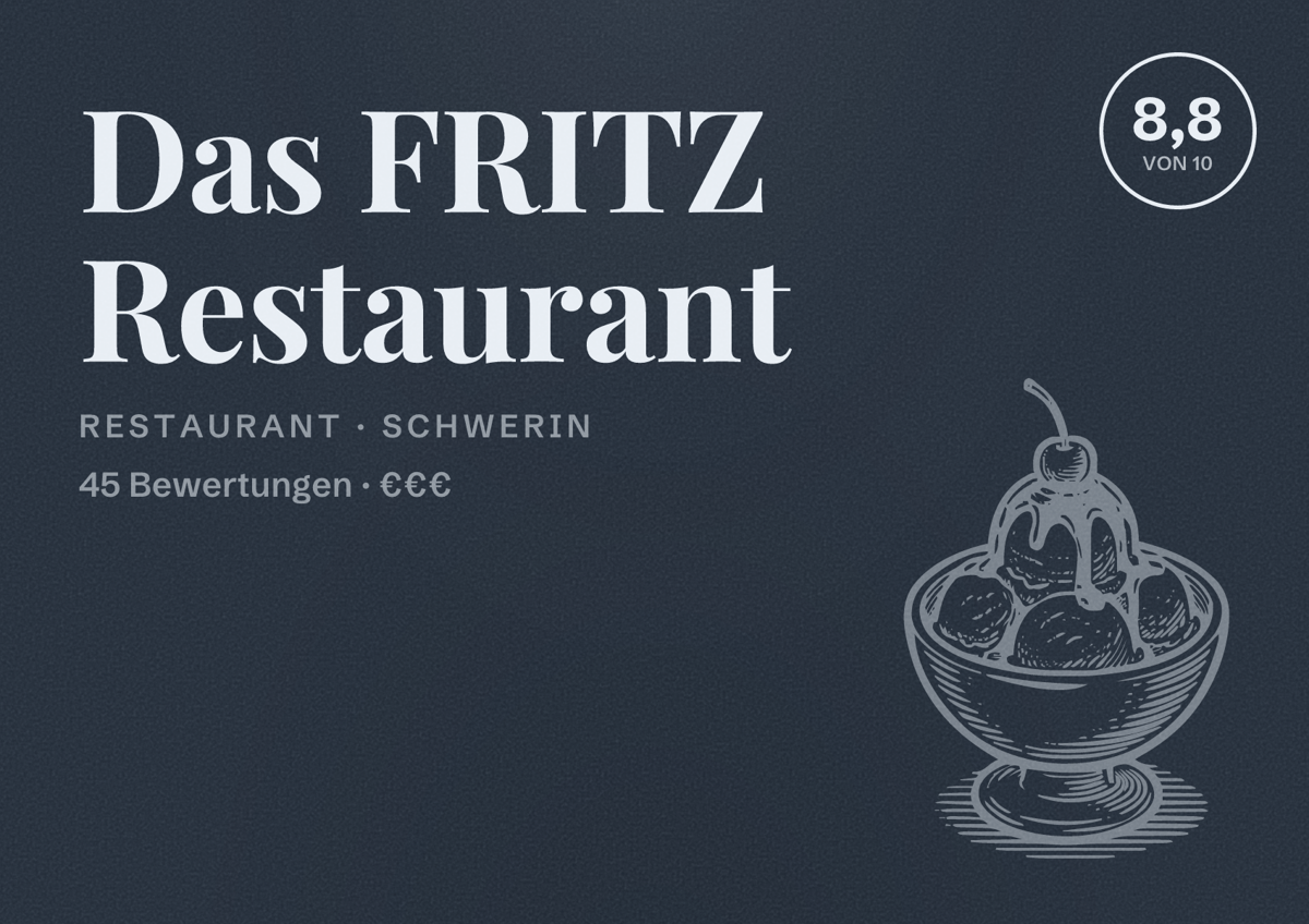 Illustriertes Poster von Das FRITZ Restaurant, Restaurant in Schwerin: Bewertung 8,8 von 10 aus 45 Bewertungen, Preisniveau €€€
