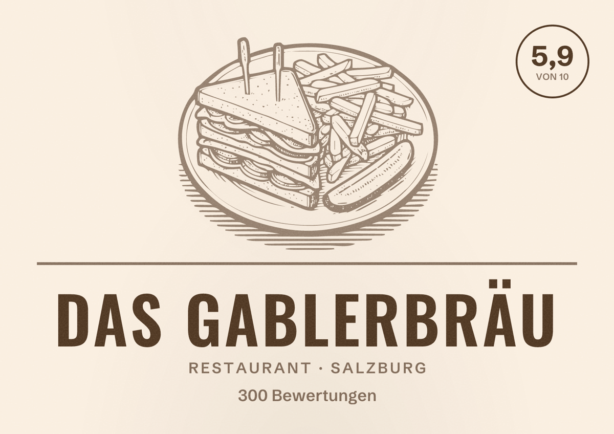 Illustriertes Poster von Das Gablerbräu, Restaurant in Salzburg: Bewertung 5,9 von 10 aus 300 Bewertungen