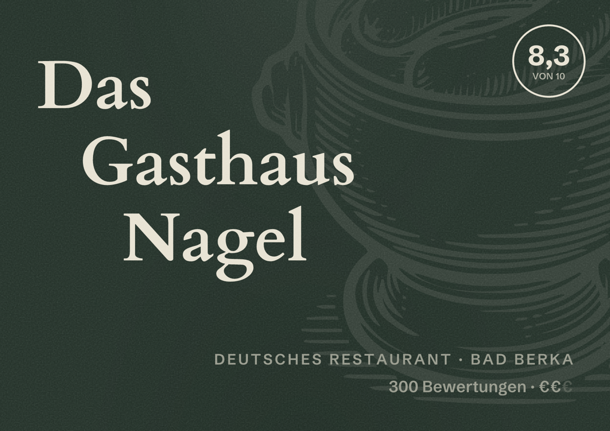 Illustriertes Poster von Das Gasthaus Nagel, Deutsches Restaurant in Bad Berka: Bewertung 8,3 von 10 aus 300 Bewertungen, Preisniveau €€