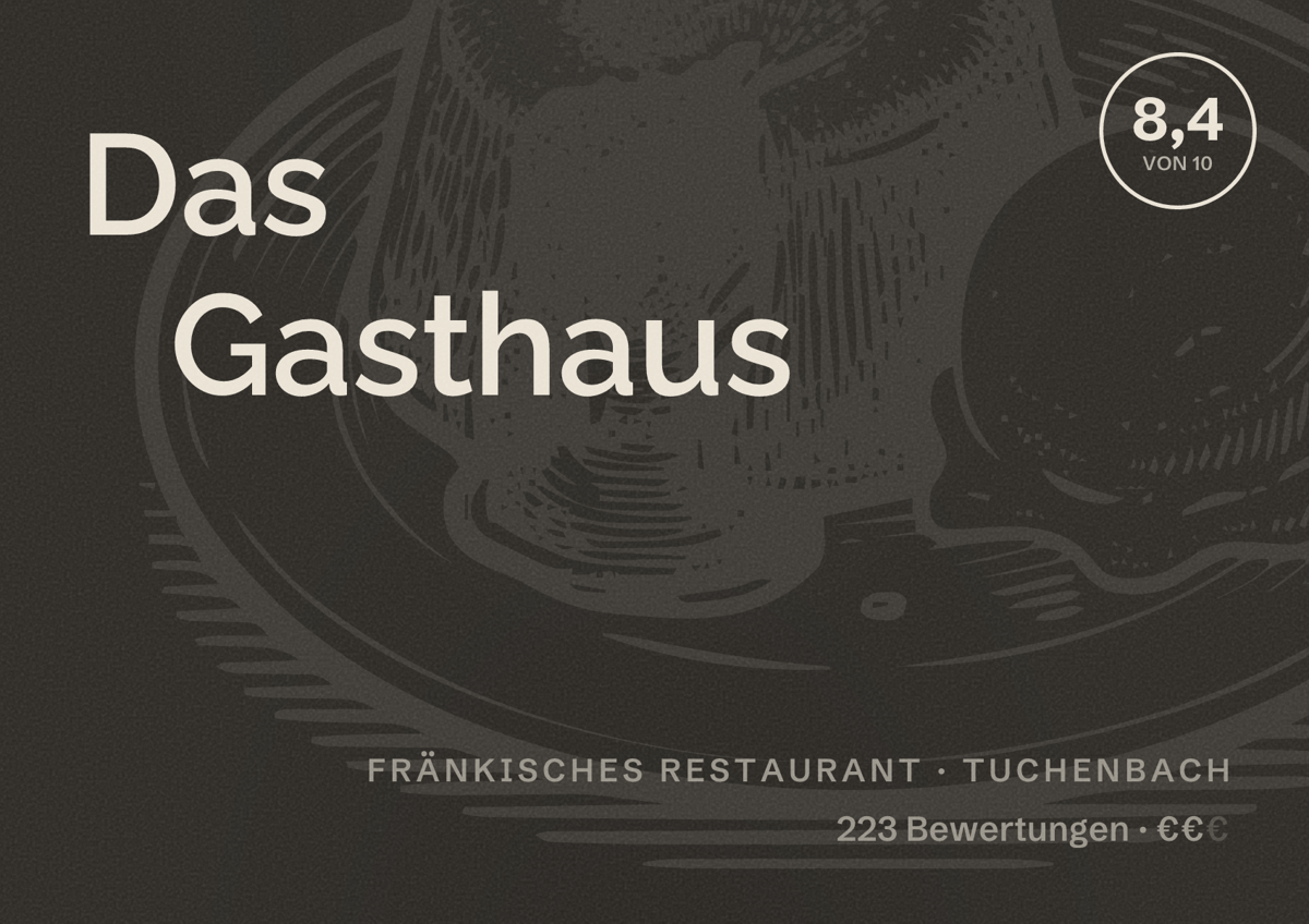 Illustriertes Poster von Das Gasthaus, Fränkisches Restaurant in Tuchenbach: Bewertung 8,4 von 10 aus 223 Bewertungen, Preisniveau €€