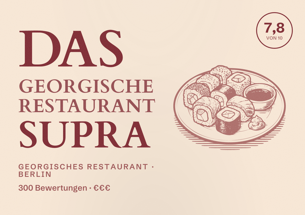 Illustriertes Poster von Das Georgische Restaurant Supra, Georgisches Restaurant in Berlin: Bewertung 7,8 von 10 aus 300 Bewertungen, Preisniveau €€€