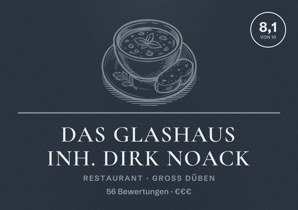 Illustriertes Poster von Das Glashaus Inh. Dirk Noack, Restaurant in Groß Düben: Bewertung 8,1 von 10 aus 56 Bewertungen, Preisniveau €€€