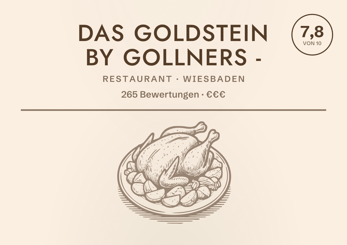 Illustriertes Poster von Das Goldstein by Gollners -, Restaurant in Wiesbaden: Bewertung 7,8 von 10 aus 265 Bewertungen, Preisniveau €€€