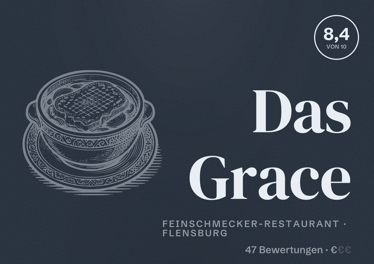 Illustriertes Poster von Das Grace, Feinschmecker-Restaurant in Flensburg: Bewertung 8,4 von 10 aus 47 Bewertungen, Preisniveau €