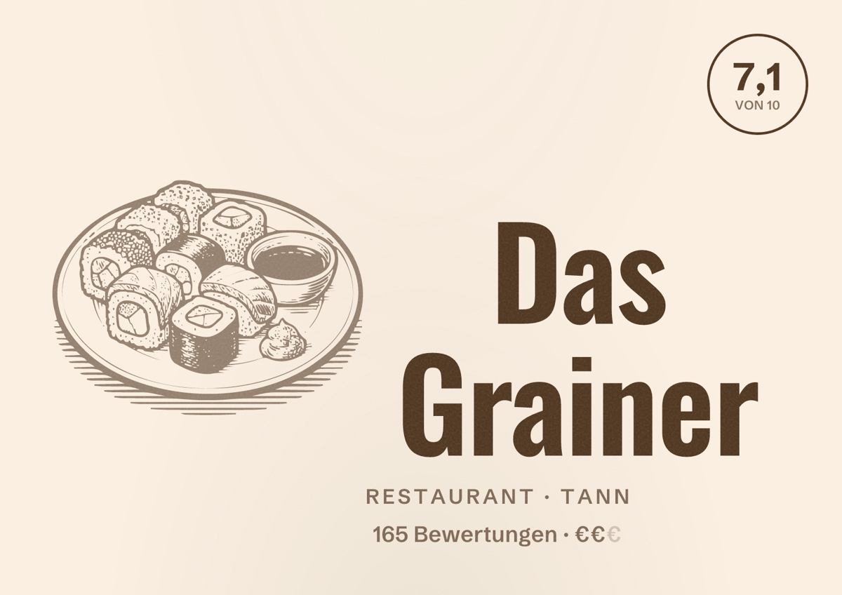 Illustriertes Poster von Das Grainer, Restaurant in Tann: Bewertung 7,1 von 10 aus 165 Bewertungen, Preisniveau €€