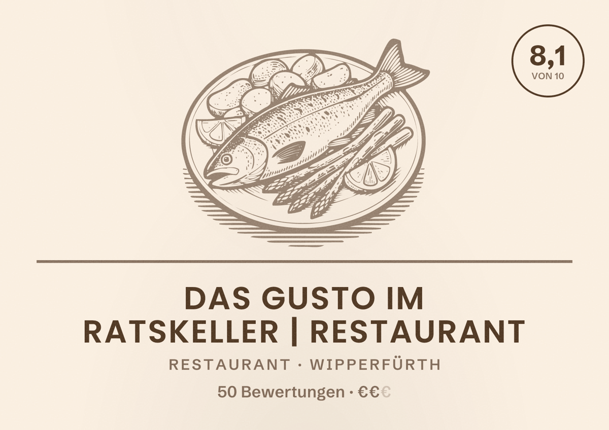 Illustriertes Poster von Das Gusto im Ratskeller | Restaurant, Restaurant in Wipperfürth: Bewertung 8,1 von 10 aus 50 Bewertungen, Preisniveau €€