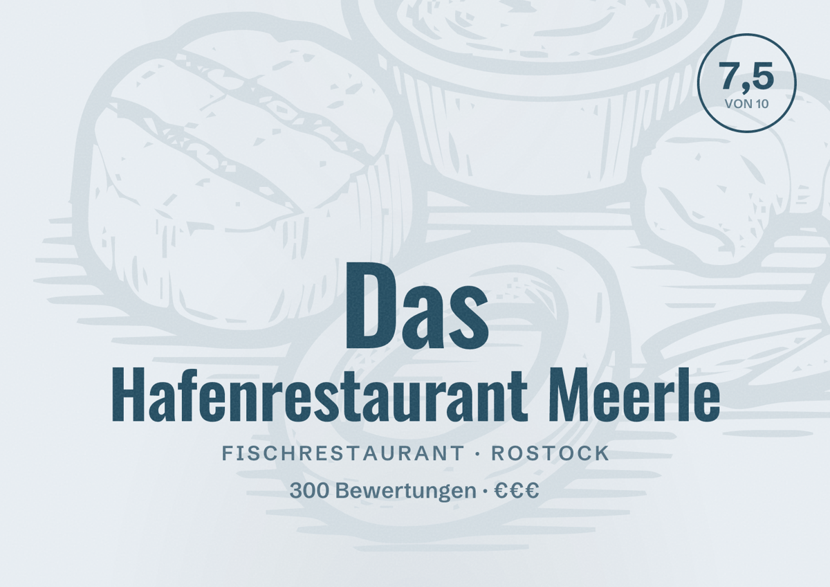 Illustriertes Poster von Das Hafenrestaurant Meerle, Fischrestaurant in Rostock: Bewertung 7,5 von 10 aus 300 Bewertungen, Preisniveau €€€