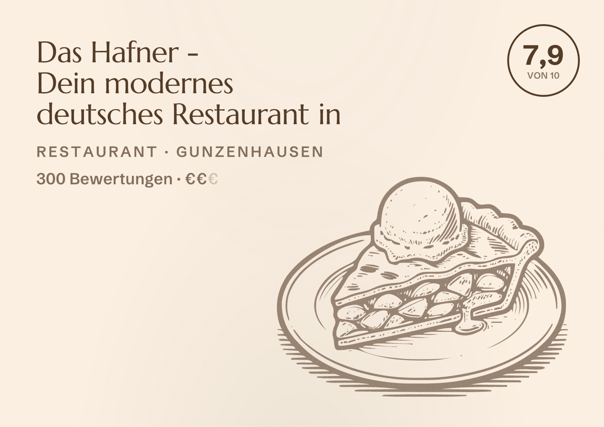 Illustriertes Poster von Das Hafner - Dein modernes deutsches Restaurant in, Restaurant in Gunzenhausen: Bewertung 7,9 von 10 aus 300 Bewertungen, Preisniveau €€