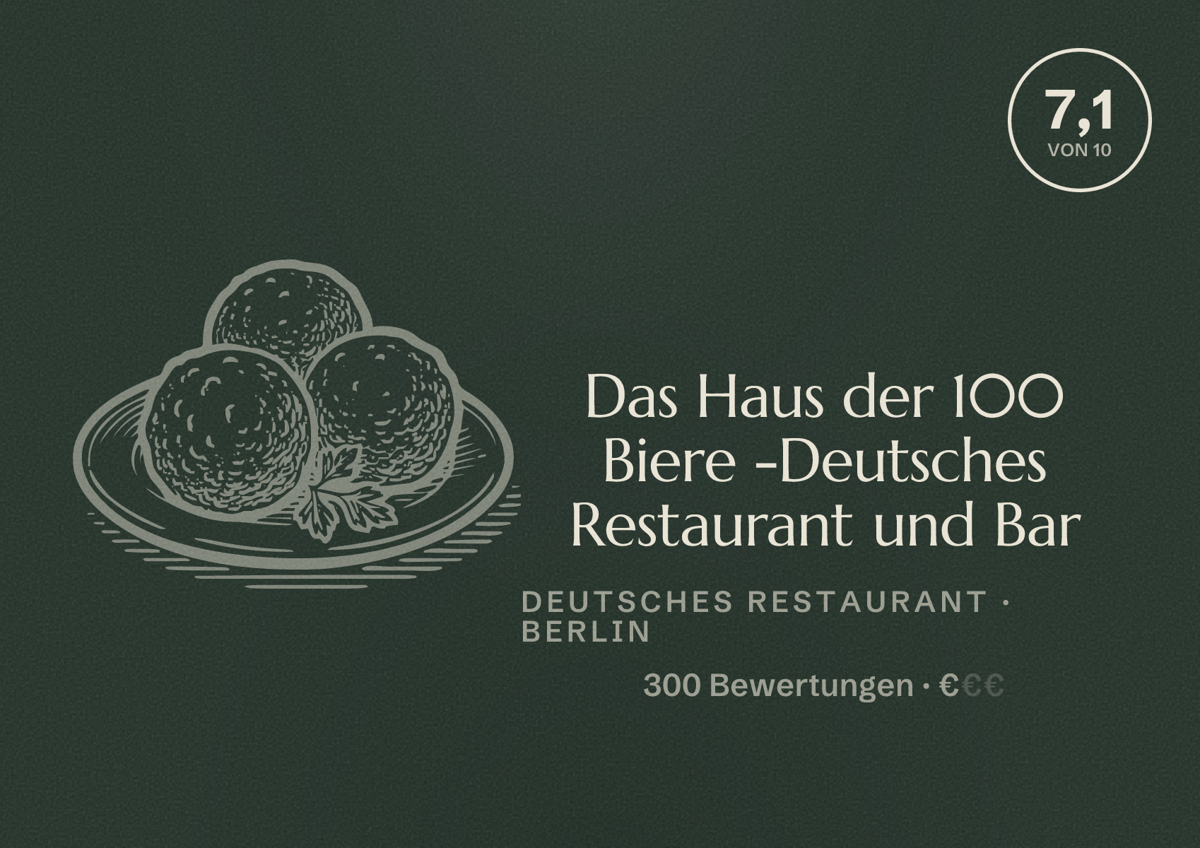 Illustriertes Poster von Das Haus der 100 Biere -Deutsches Restaurant und Bar, Deutsches Restaurant in Berlin: Bewertung 7,1 von 10 aus 300 Bewertungen, Preisniveau €
