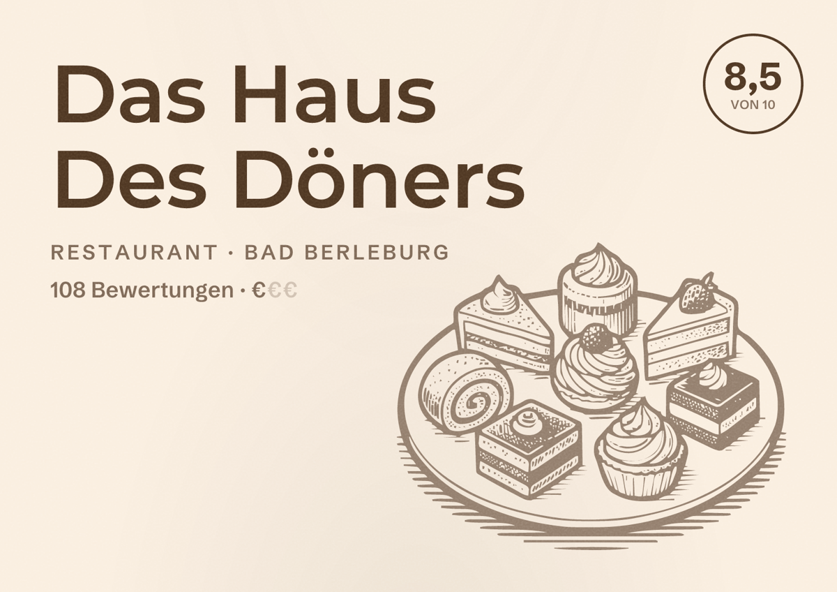 Illustriertes Poster von Das Haus Des Döners, Restaurant in Bad Berleburg: Bewertung 8,5 von 10 aus 108 Bewertungen, Preisniveau €