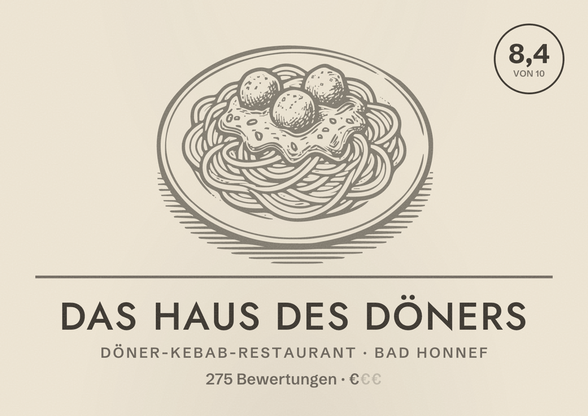 Illustriertes Poster von Das Haus des Döners, Döner-Kebab-Restaurant in Bad Honnef: Bewertung 8,4 von 10 aus 275 Bewertungen, Preisniveau €
