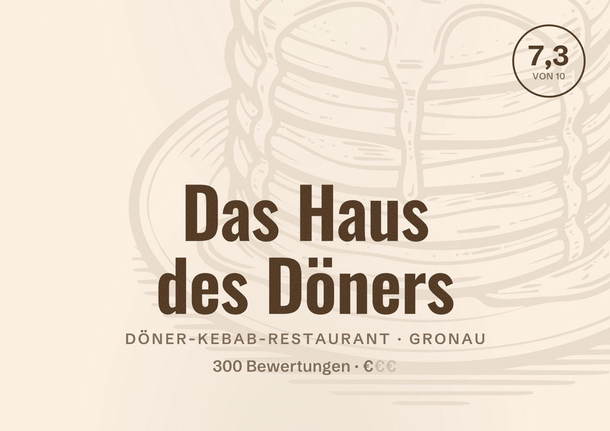 Illustriertes Poster von Das Haus des Döners, Döner-Kebab-Restaurant in Gronau: Bewertung 7,3 von 10 aus 300 Bewertungen, Preisniveau €