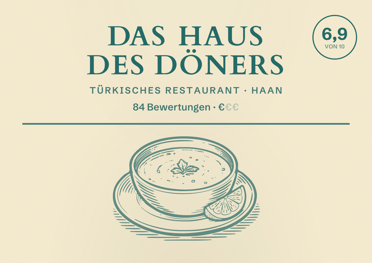 Illustriertes Poster von Das Haus des Döners, Türkisches Restaurant in Haan: Bewertung 6,9 von 10 aus 84 Bewertungen, Preisniveau €