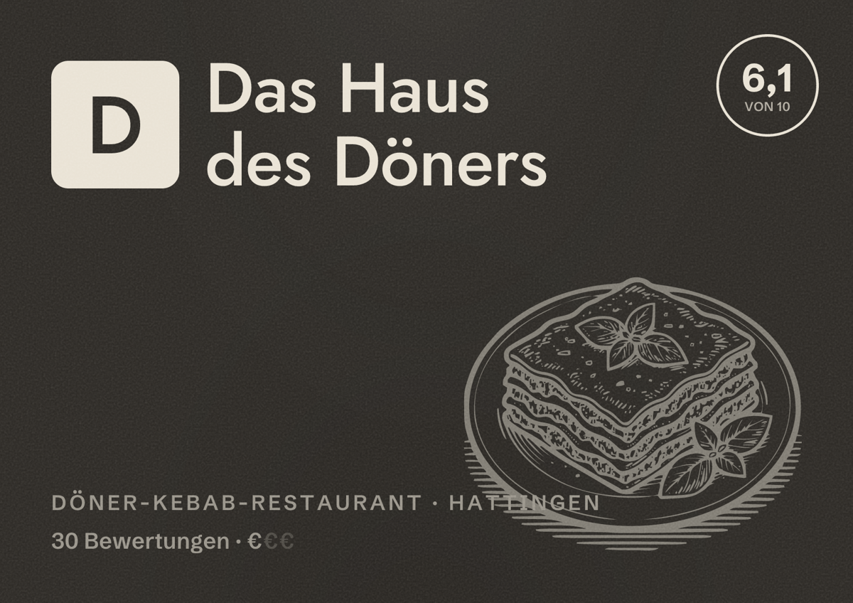 Illustriertes Poster von Das Haus des Döners, Döner-Kebab-Restaurant in Hattingen: Bewertung 6,1 von 10 aus 30 Bewertungen, Preisniveau €