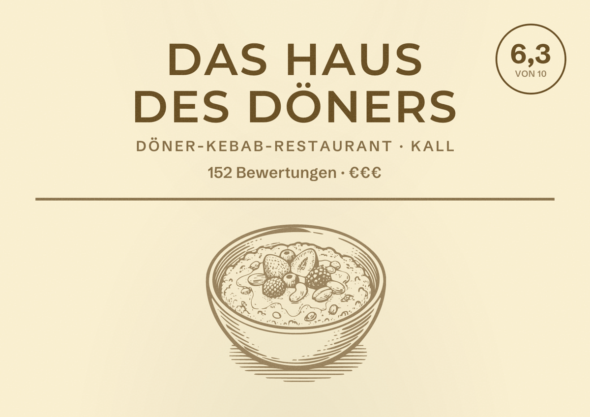 Illustriertes Poster von Das Haus des Döners, Döner-Kebab-Restaurant in Kall: Bewertung 6,3 von 10 aus 152 Bewertungen, Preisniveau €€€