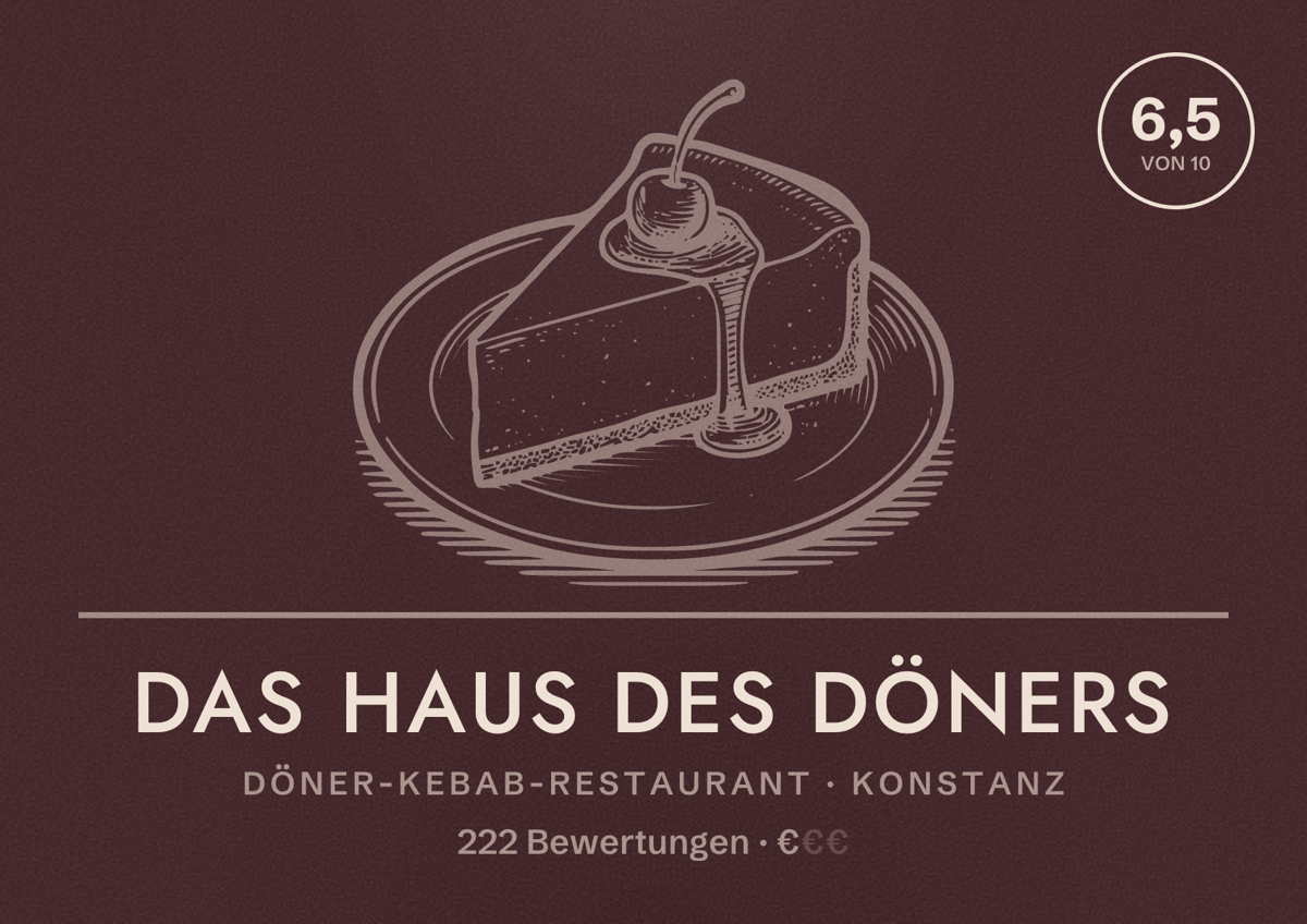 Illustriertes Poster von Das Haus des Döners, Döner-Kebab-Restaurant in Konstanz: Bewertung 6,5 von 10 aus 222 Bewertungen, Preisniveau €