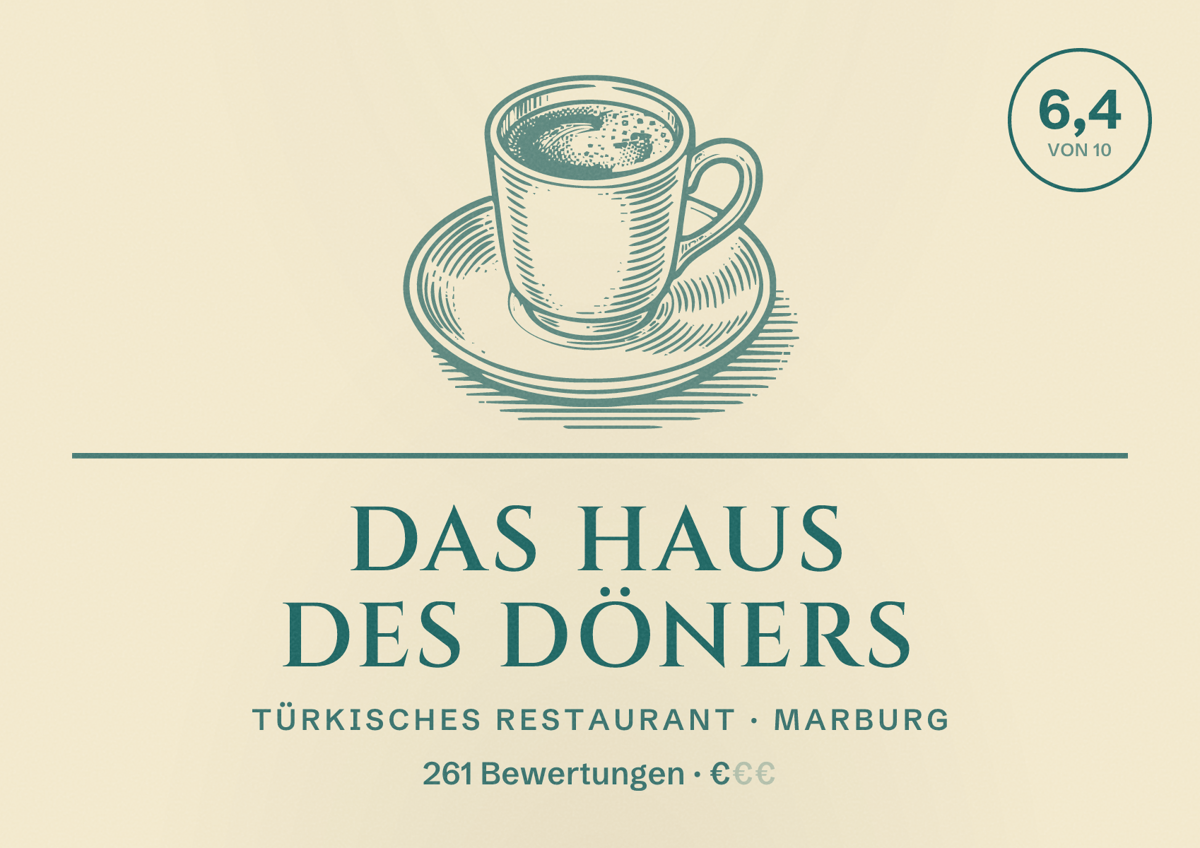 Illustriertes Poster von Das Haus des Döners, Türkisches Restaurant in Marburg: Bewertung 6,4 von 10 aus 261 Bewertungen, Preisniveau €