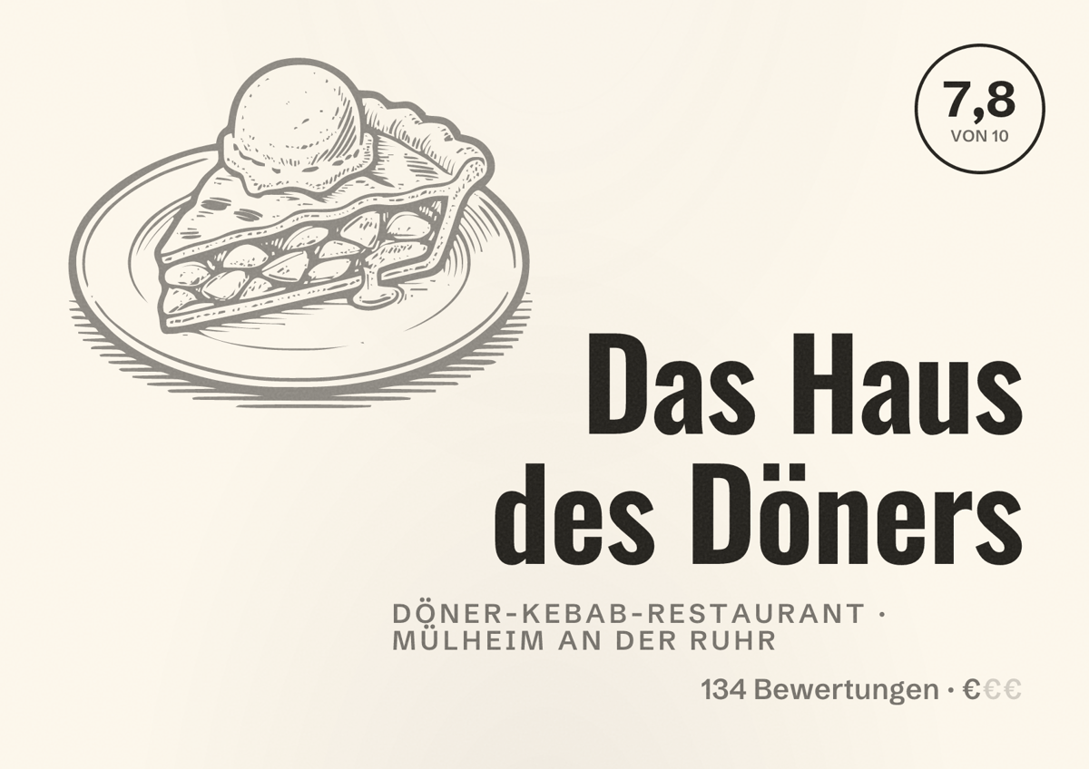 Illustriertes Poster von Das Haus des Döners, Döner-Kebab-Restaurant in Mülheim an der Ruhr: Bewertung 7,8 von 10 aus 134 Bewertungen, Preisniveau €