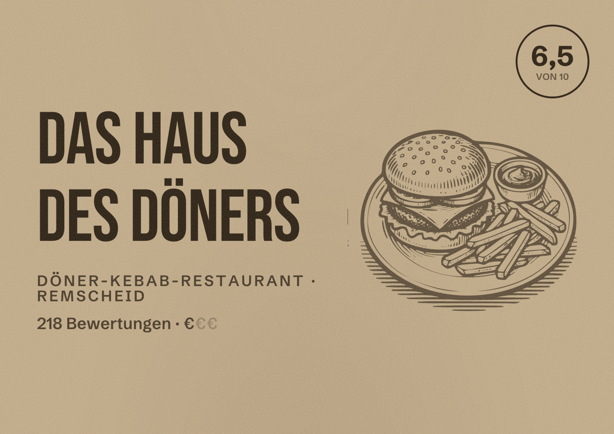 Illustriertes Poster von Das Haus des Döners, Döner-Kebab-Restaurant in Remscheid: Bewertung 6,5 von 10 aus 218 Bewertungen, Preisniveau €