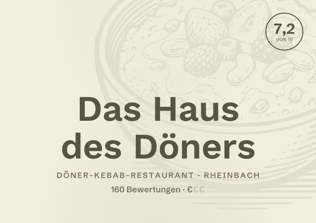 Illustriertes Poster von Das Haus des Döners, Döner-Kebab-Restaurant in Rheinbach: Bewertung 7,2 von 10 aus 160 Bewertungen, Preisniveau €