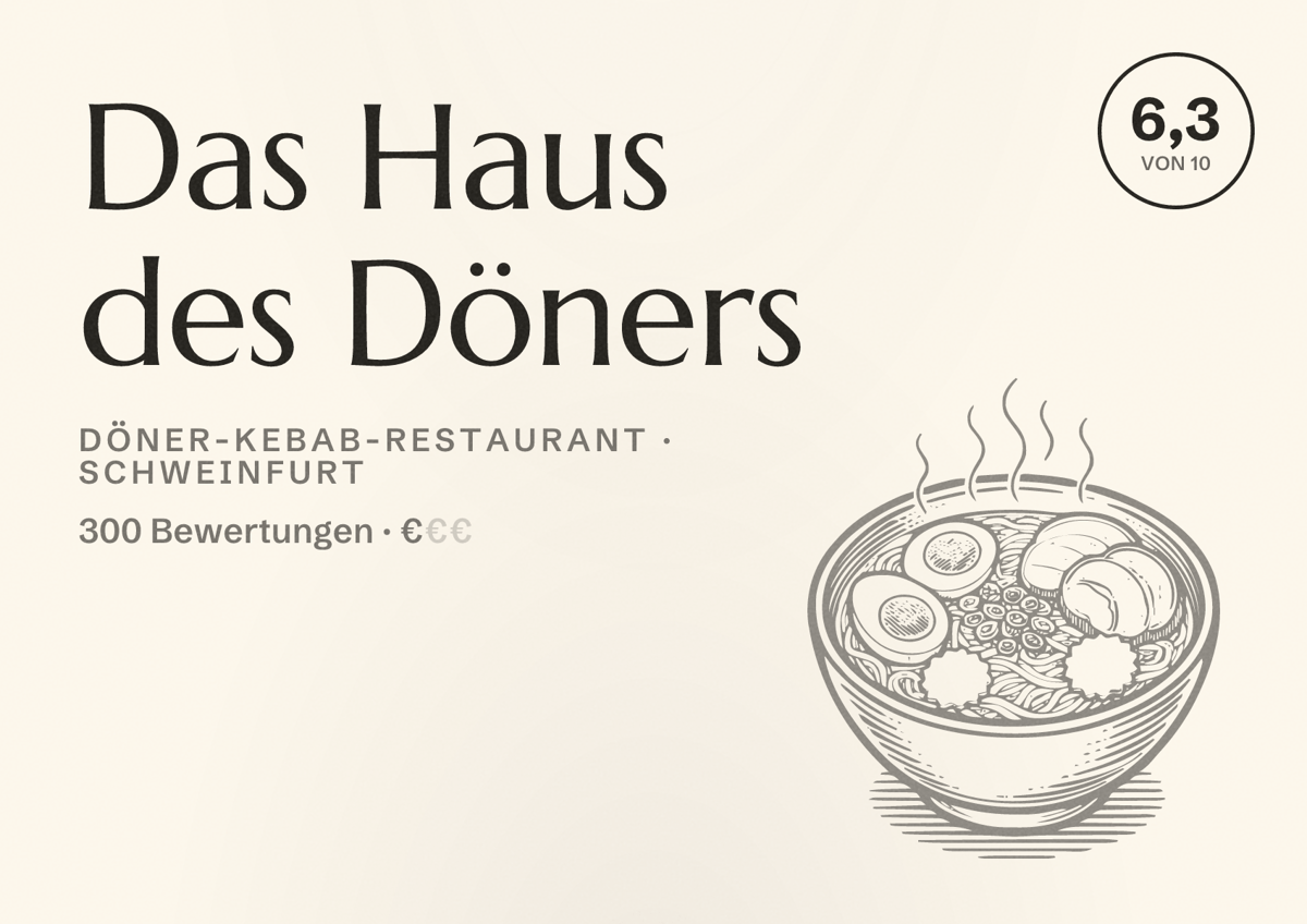 Illustriertes Poster von Das Haus des Döners, Döner-Kebab-Restaurant in Schweinfurt: Bewertung 6,3 von 10 aus 300 Bewertungen, Preisniveau €