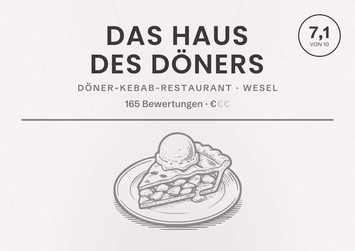 Illustriertes Poster von Das Haus des Döners, Döner-Kebab-Restaurant in Wesel: Bewertung 7,1 von 10 aus 165 Bewertungen, Preisniveau €