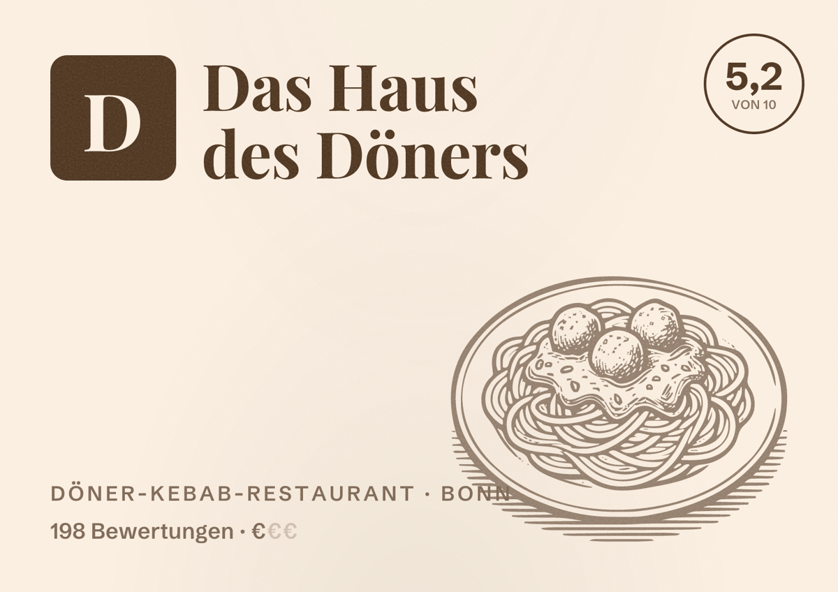 Illustriertes Poster von Das Haus des Döners, Döner-Kebab-Restaurant in Bonn: Bewertung 5,2 von 10 aus 198 Bewertungen, Preisniveau €