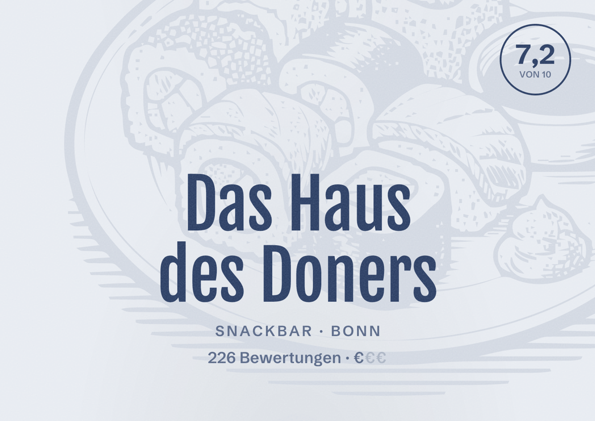 Illustriertes Poster von Das Haus des Doners, Snackbar in Bonn: Bewertung 7,2 von 10 aus 226 Bewertungen, Preisniveau €
