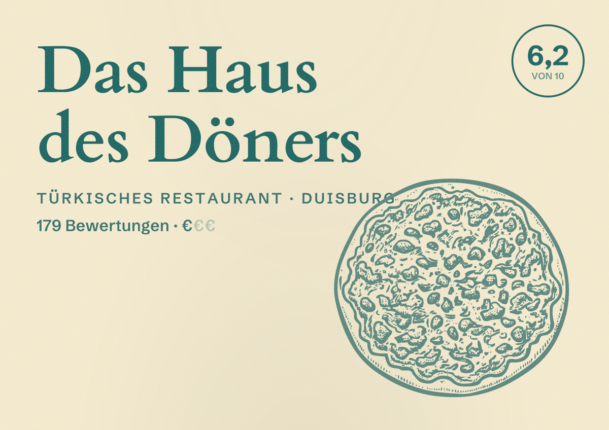 Illustriertes Poster von Das Haus des Döners, Türkisches Restaurant in Duisburg: Bewertung 6,2 von 10 aus 179 Bewertungen, Preisniveau €