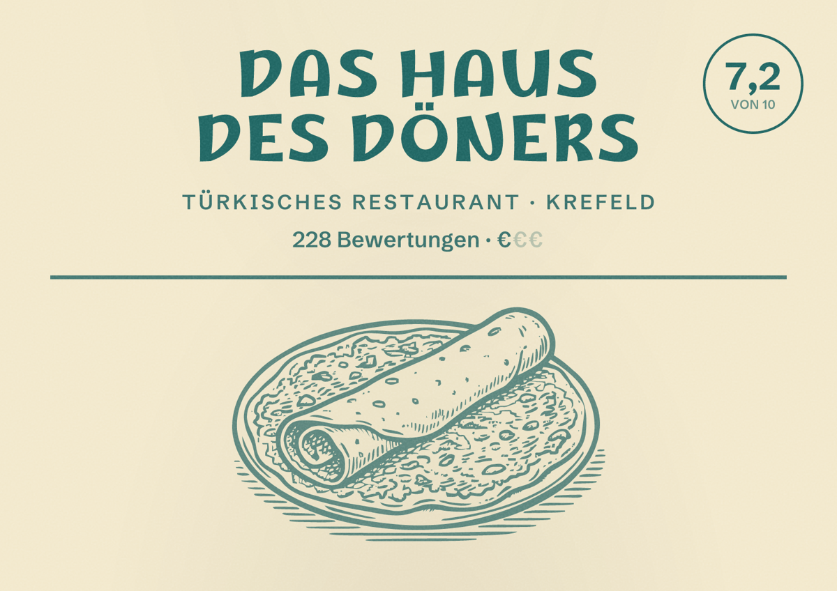 Illustriertes Poster von Das Haus des Döners, Türkisches Restaurant in Krefeld: Bewertung 7,2 von 10 aus 228 Bewertungen, Preisniveau €