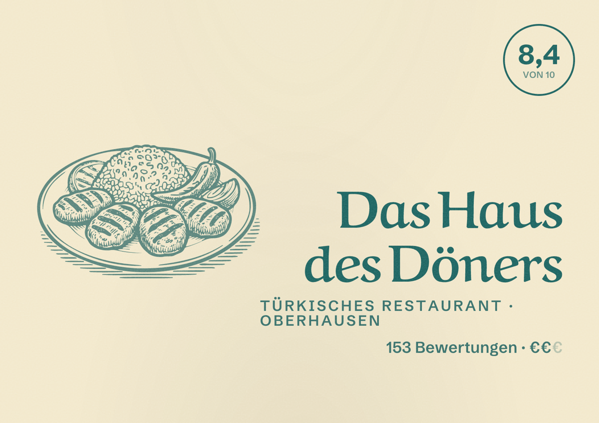 Illustriertes Poster von Das Haus des Döners, Türkisches Restaurant in Oberhausen: Bewertung 8,4 von 10 aus 153 Bewertungen, Preisniveau €€