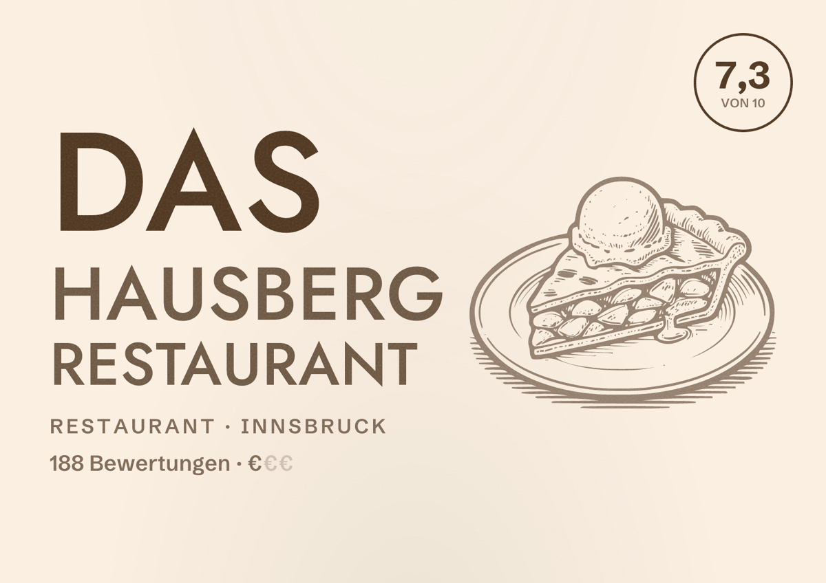 Illustriertes Poster von Das Hausberg Restaurant, Restaurant in Innsbruck: Bewertung 7,3 von 10 aus 188 Bewertungen, Preisniveau €
