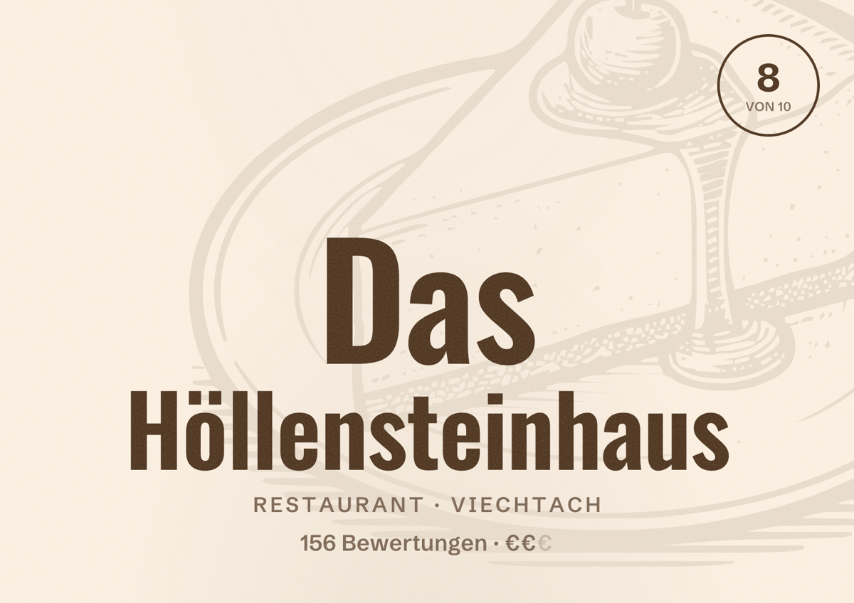Illustriertes Poster von Das Höllensteinhaus, Restaurant in Viechtach: Bewertung 8 von 10 aus 156 Bewertungen, Preisniveau €€