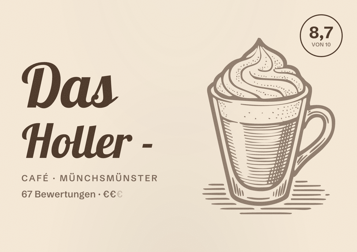Illustriertes Poster von Das Holler -, Café in Münchsmünster: Bewertung 8,7 von 10 aus 67 Bewertungen, Preisniveau €€