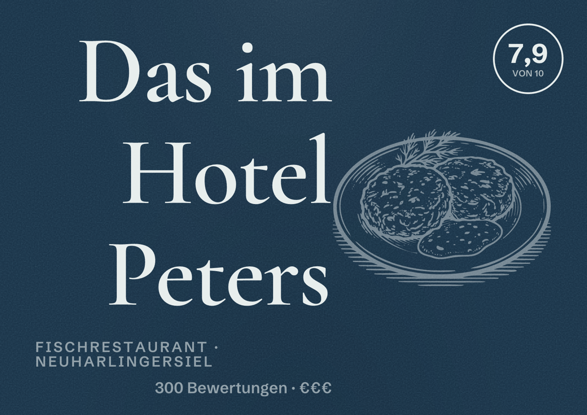 Illustriertes Poster von Das im Hotel Peters, Fischrestaurant in Neuharlingersiel: Bewertung 7,9 von 10 aus 300 Bewertungen, Preisniveau €€€