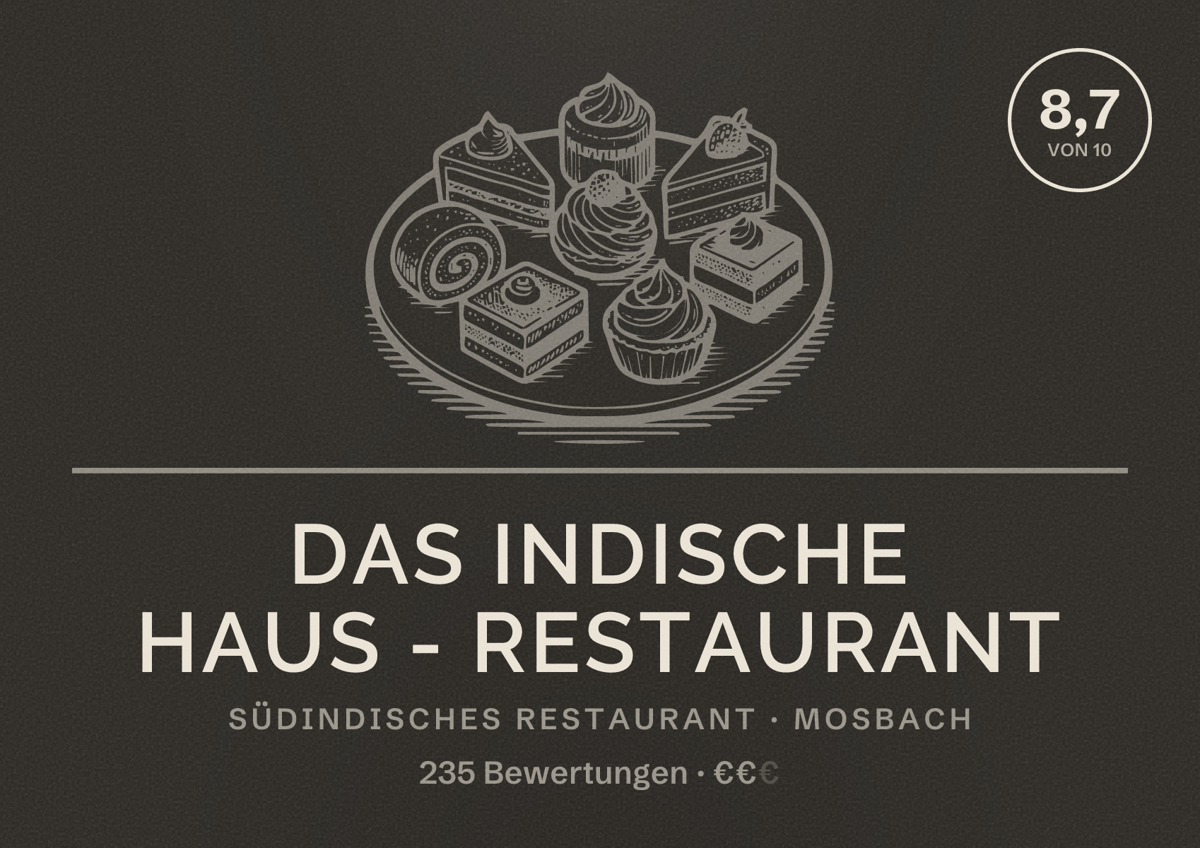Illustriertes Poster von Das Indische Haus - Restaurant, Südindisches Restaurant in Mosbach: Bewertung 8,7 von 10 aus 235 Bewertungen, Preisniveau €€