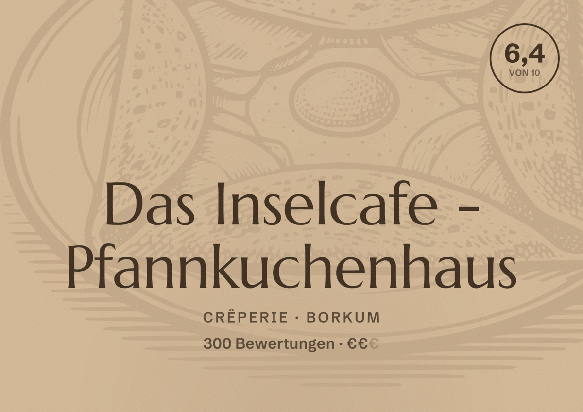 Illustriertes Poster von Das Inselcafe - Pfannkuchenhaus, Crêperie in Borkum: Bewertung 6,4 von 10 aus 300 Bewertungen, Preisniveau €€