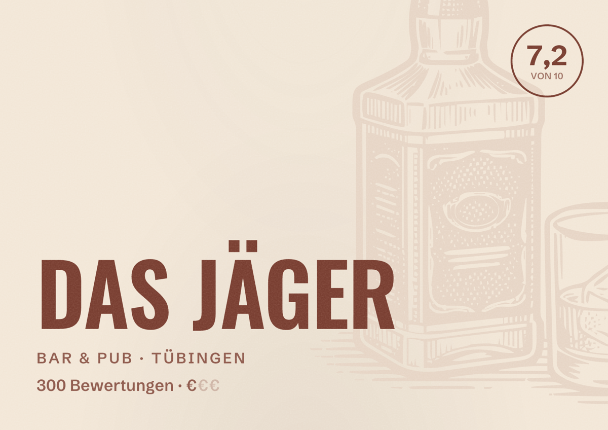 Illustriertes Poster von DAS JÄGER, Bar & Pub in Tübingen: Bewertung 7,2 von 10 aus 300 Bewertungen, Preisniveau €