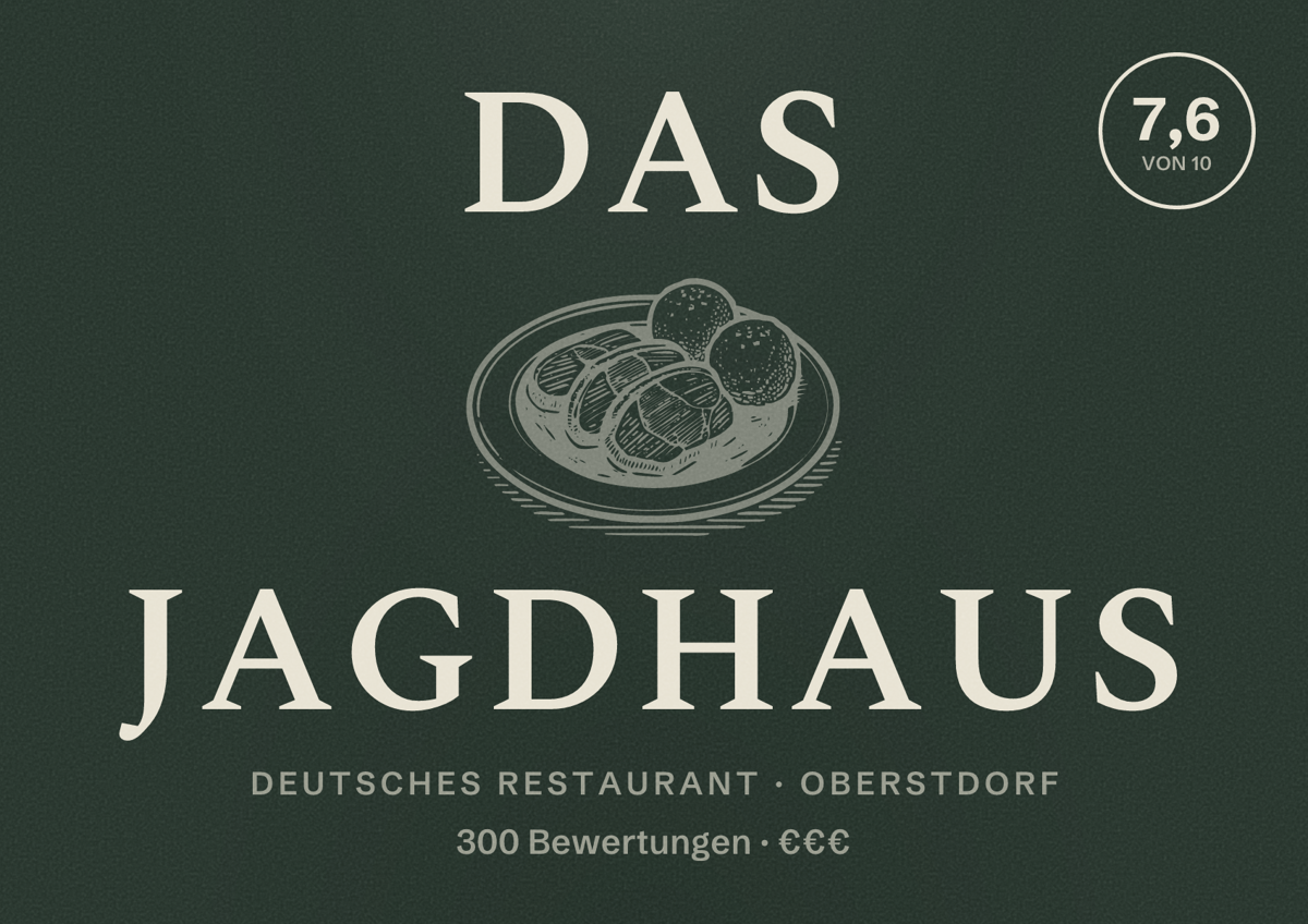 Illustriertes Poster von Das Jagdhaus, Deutsches Restaurant in Oberstdorf: Bewertung 7,6 von 10 aus 300 Bewertungen, Preisniveau €€€