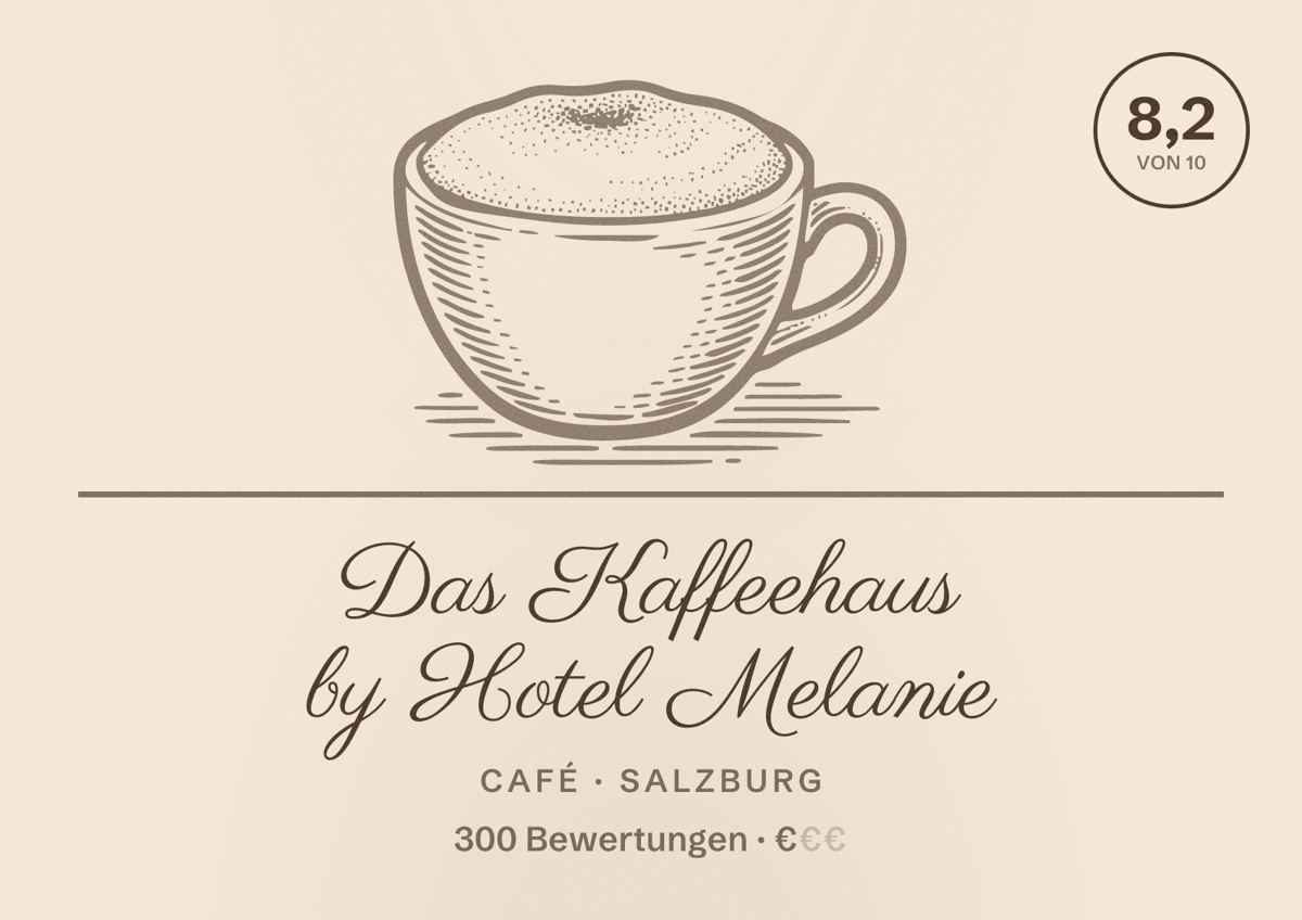 Illustriertes Poster von Das Kaffeehaus by Hotel Melanie, Café in Salzburg: Bewertung 8,2 von 10 aus 300 Bewertungen, Preisniveau €