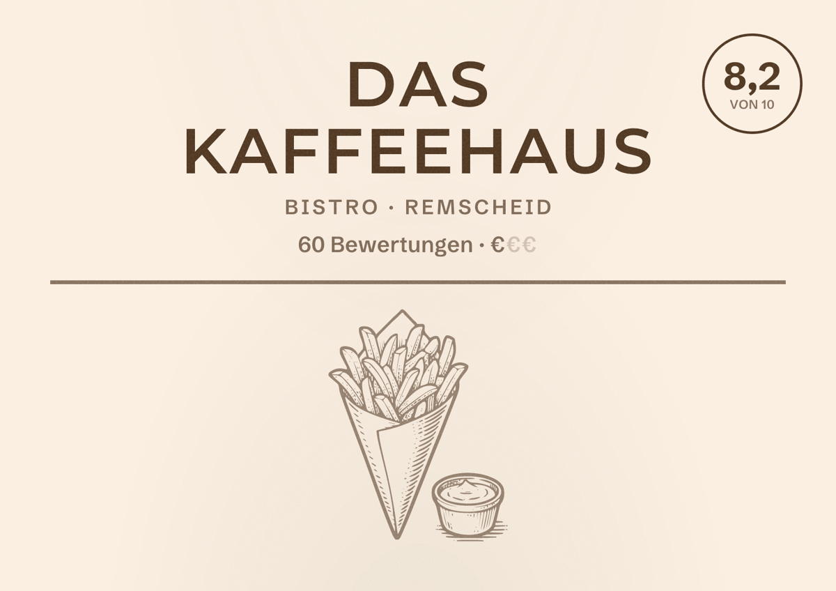 Illustriertes Poster von Das Kaffeehaus, Bistro in Remscheid: Bewertung 8,2 von 10 aus 60 Bewertungen, Preisniveau €