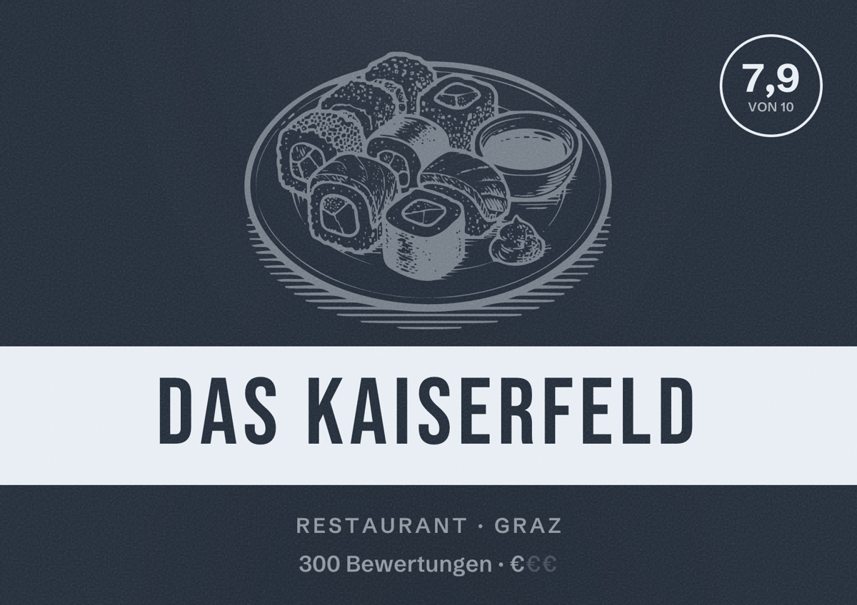 Illustriertes Poster von Das Kaiserfeld, Restaurant in Graz: Bewertung 7,9 von 10 aus 300 Bewertungen, Preisniveau €