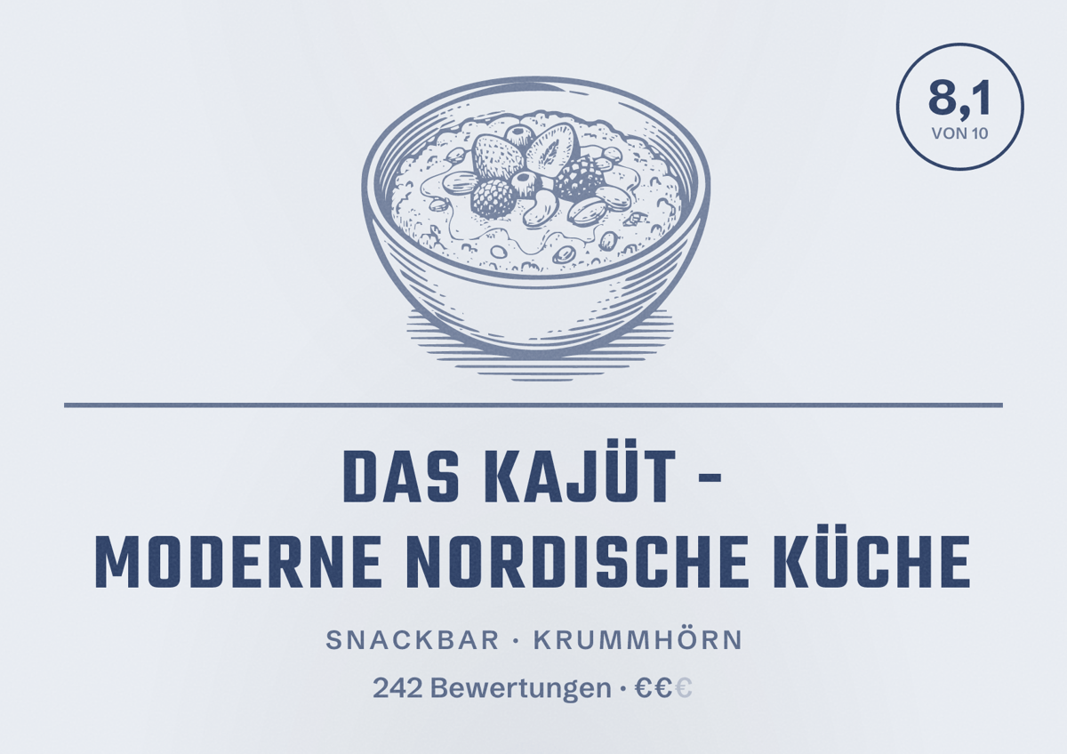 Illustriertes Poster von Das Kajüt - moderne nordische Küche, Snackbar in Krummhörn: Bewertung 8,1 von 10 aus 242 Bewertungen, Preisniveau €€