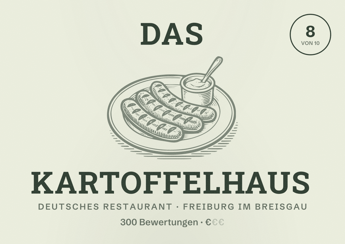 Illustriertes Poster von Das Kartoffelhaus, Deutsches Restaurant in Freiburg im Breisgau: Bewertung 8,0 von 10 aus 300 Bewertungen, Preisniveau €
