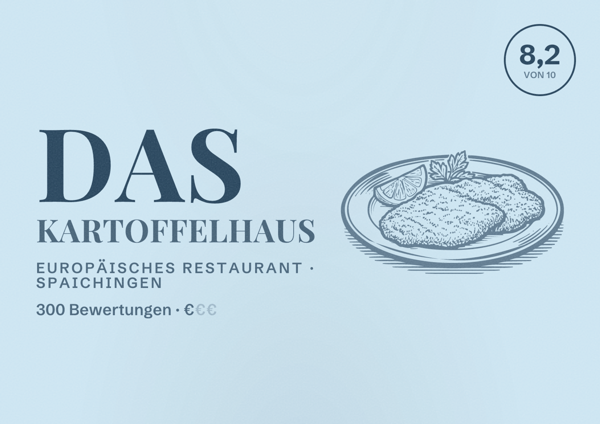 Illustriertes Poster von Das Kartoffelhaus, Europäisches Restaurant in Spaichingen: Bewertung 8,2 von 10 aus 300 Bewertungen, Preisniveau €