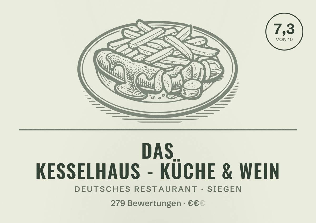 Illustriertes Poster von DAS Kesselhaus - Küche & Wein, Deutsches Restaurant in Siegen: Bewertung 7,3 von 10 aus 279 Bewertungen, Preisniveau €€