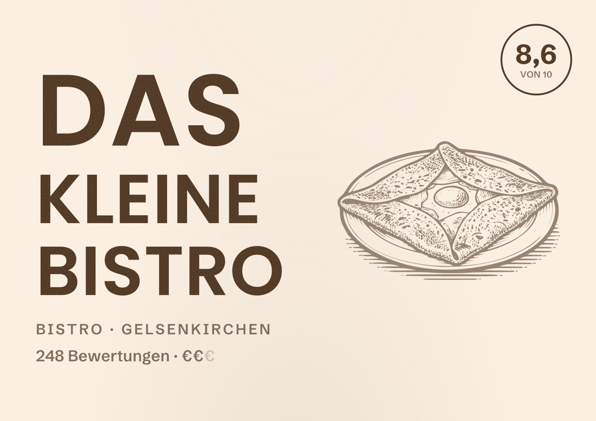 Illustriertes Poster von Das kleine Bistro, Bistro in Gelsenkirchen: Bewertung 8,6 von 10 aus 248 Bewertungen, Preisniveau €€