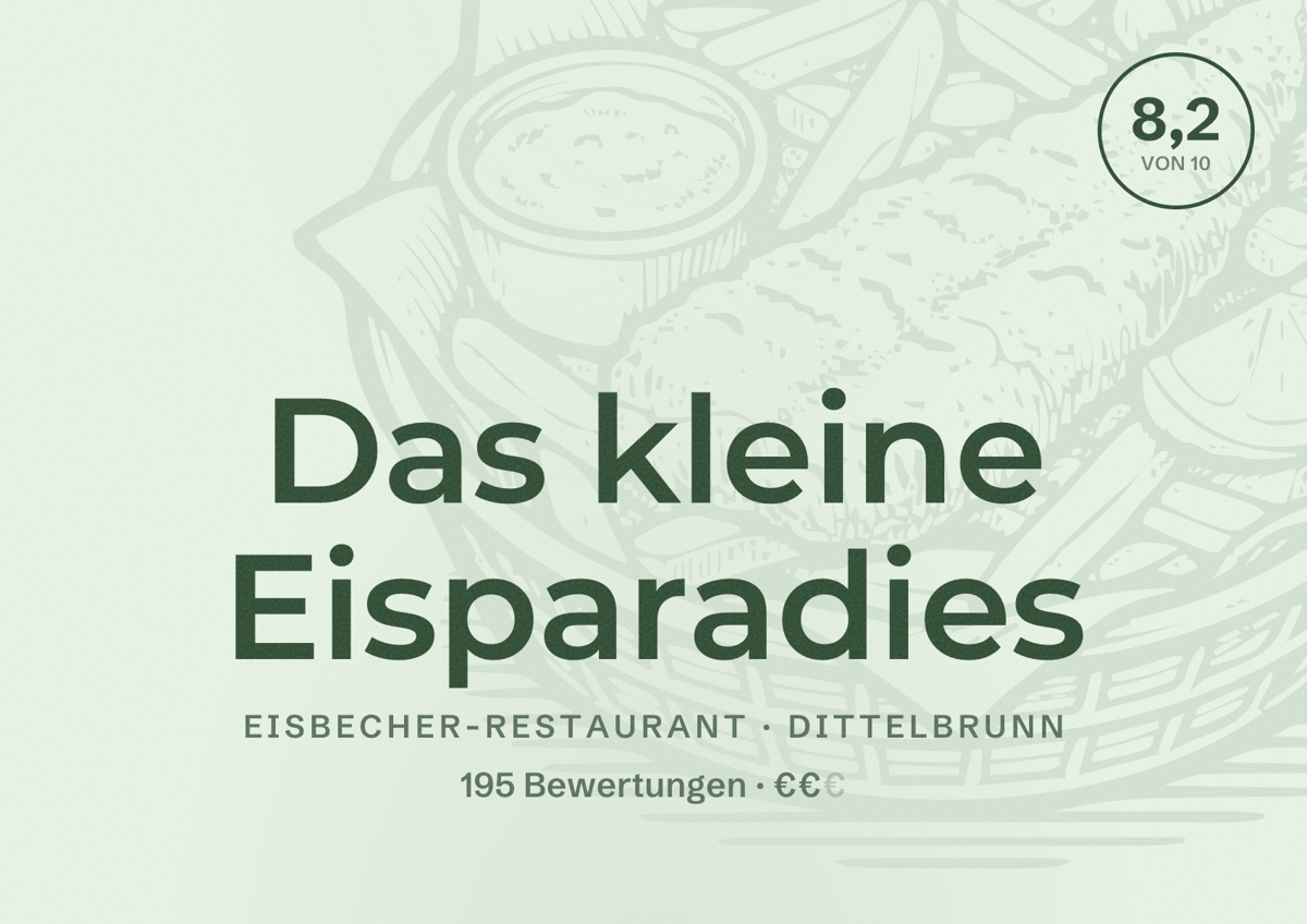 Illustriertes Poster von Das kleine Eisparadies, Eisbecher-Restaurant in Dittelbrunn: Bewertung 8,2 von 10 aus 195 Bewertungen, Preisniveau €€